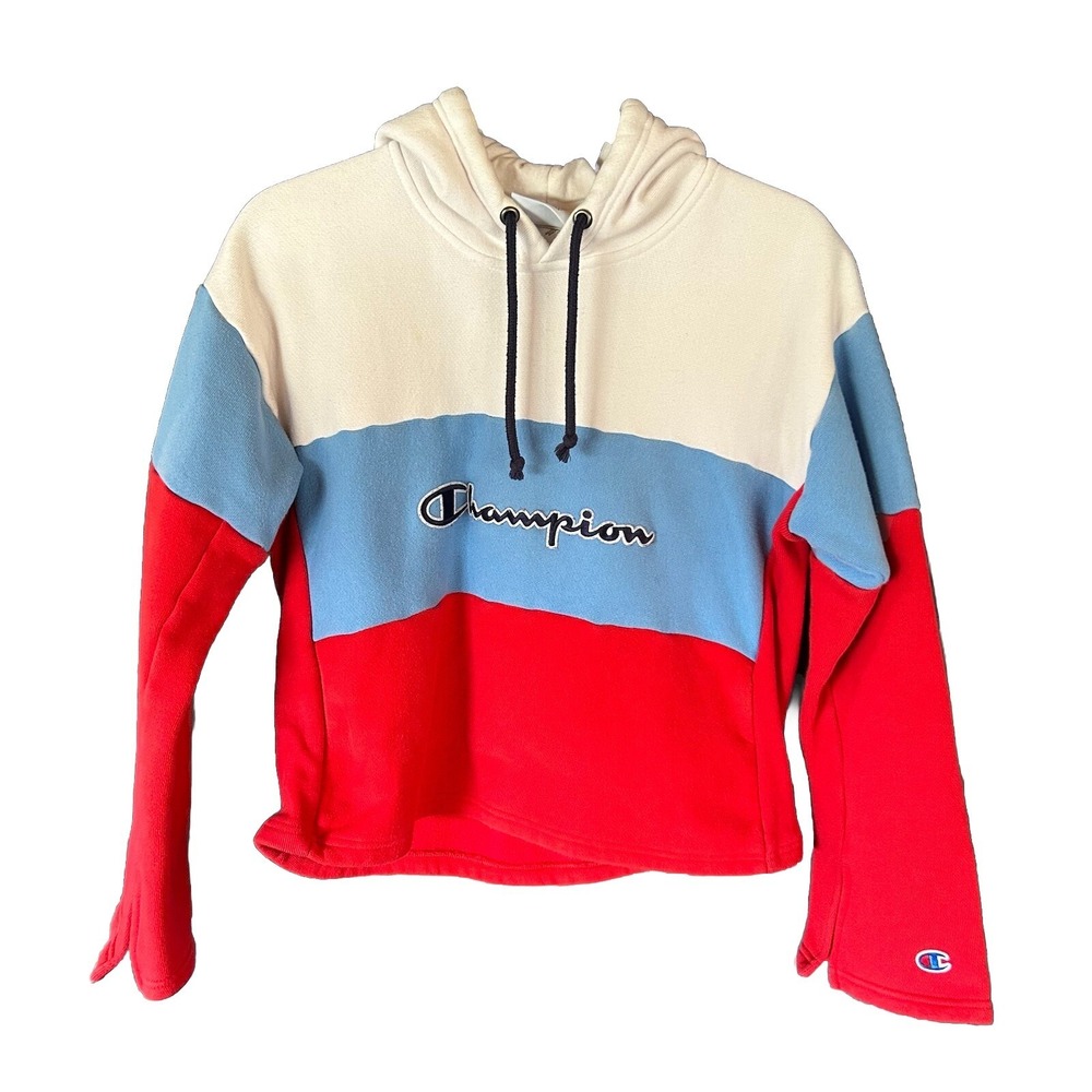 CHAMPION Reverse Weave Hoodie Medium‎ Colorblock Cropped Script Logo Streetwear